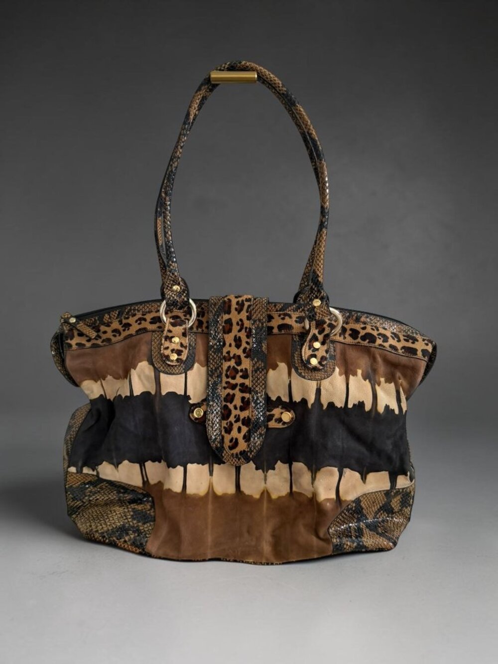 CLEVER CARRIAGE COMPANY Multicolor Brown Black Animal Print Leather Shoulder Bag